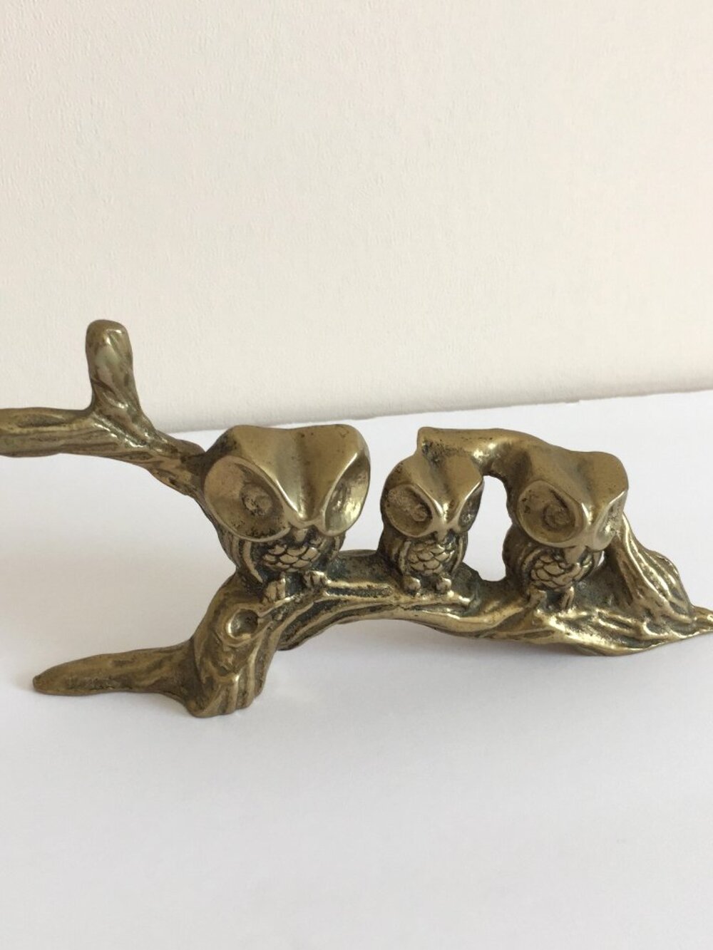 Vintage Brass Owls on a Branch Limb